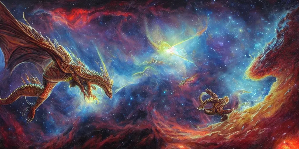 Image similar to an alien dragon flying in outer space, epic nebula, Dan Seagrave art