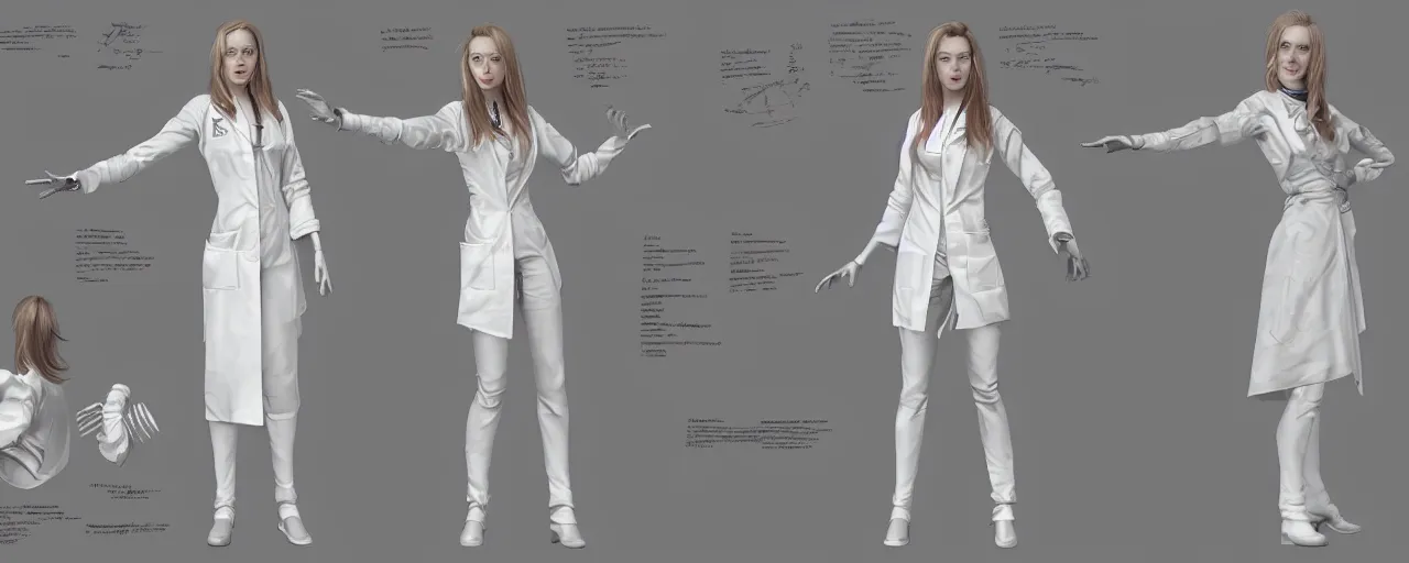 Prompt: character design, reference sheet, gaunt, a beautiful and elegant young lady, doctor's white coat, concept art, photorealistic, hyperdetailed, 3d rendering , art by Leyendecker and frazetta,