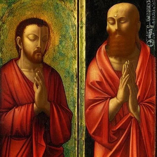 Prompt: jesus and Buddha using iPhones, painting by Leonardo Da Vinci