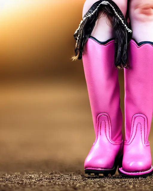 Image similar to young girl with rider boots, next to her is a pink pony, photo taken by nikon, sharp focus, highly detailed, studio lightning, 4 k