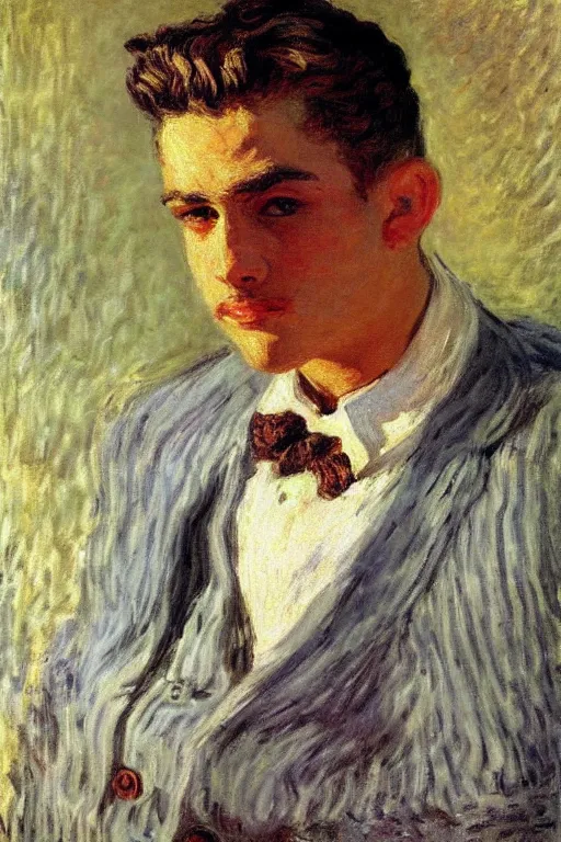 Image similar to attractive male, painting by claude monet, j. c. leyendecker