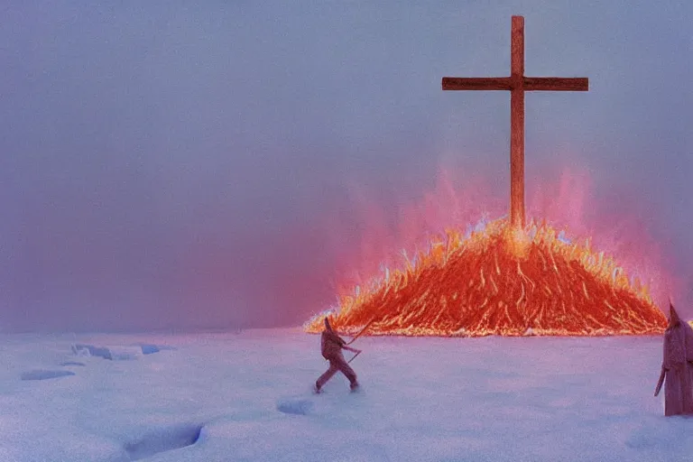 Image similar to a cross set on fire on a snow covered field, surreal frozen landscape, painting by beeple and zdzisław beksinski, a matte painting by li shida, cgsociety, context art, redshift, matte painting, reimagined by industrial light and magic