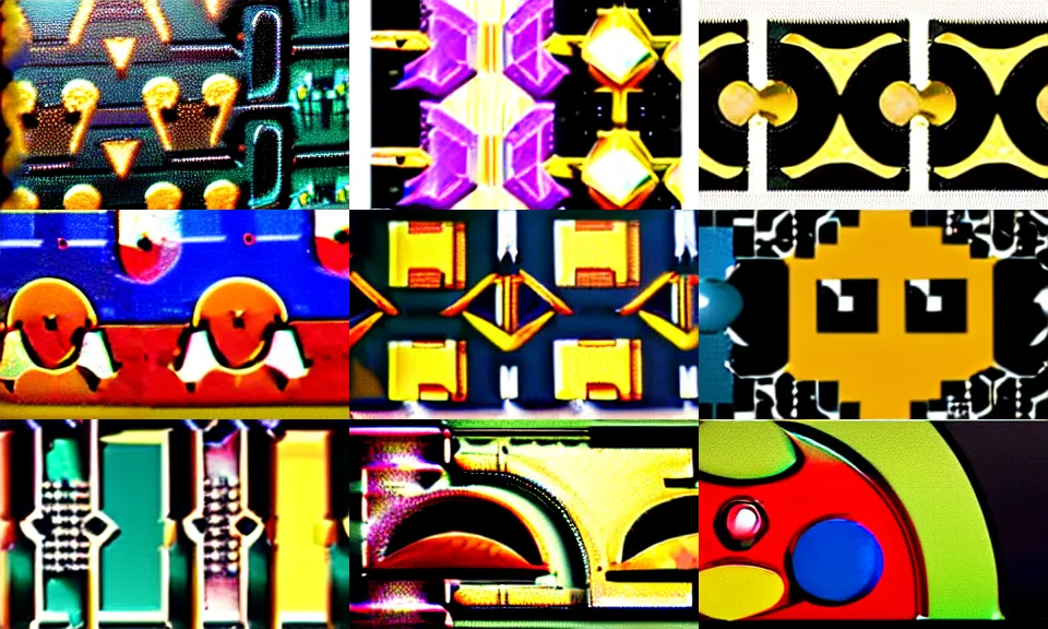 Prompt: textured art deco painting of pac - man and ghost monsters. simplified geometric shapes combined with ornate and organic elements. gold, black, tans