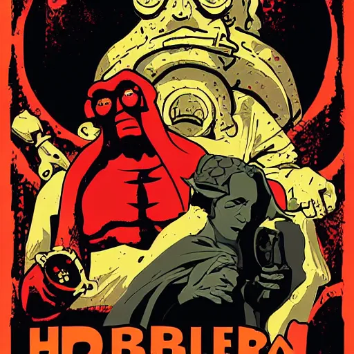 Image similar to A Hellboy movie poster in the style of Alfonse Mucha