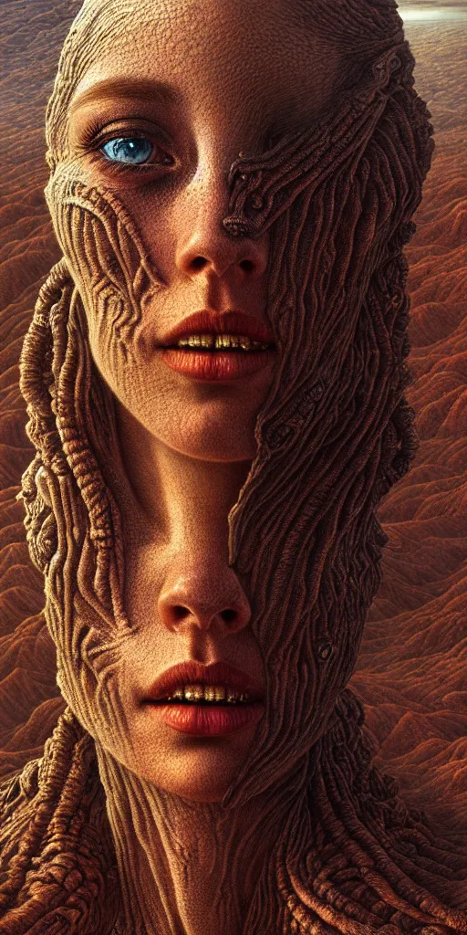 Image similar to ultra realist intricate detailed portrait of a single rugged attractive female on an alien landscape, insanity, accurate features, apocalyptic, very intricate details, 8 k resolution, dim lighting, volumetric lighting, artstyle zdzisław beksinski and keith thompson, award winning