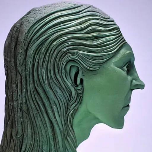 Prompt: A beautiful sculpture of a person in profile, with their features appearing both in front of and behind their head. ice carving by Roger Dean dreadful