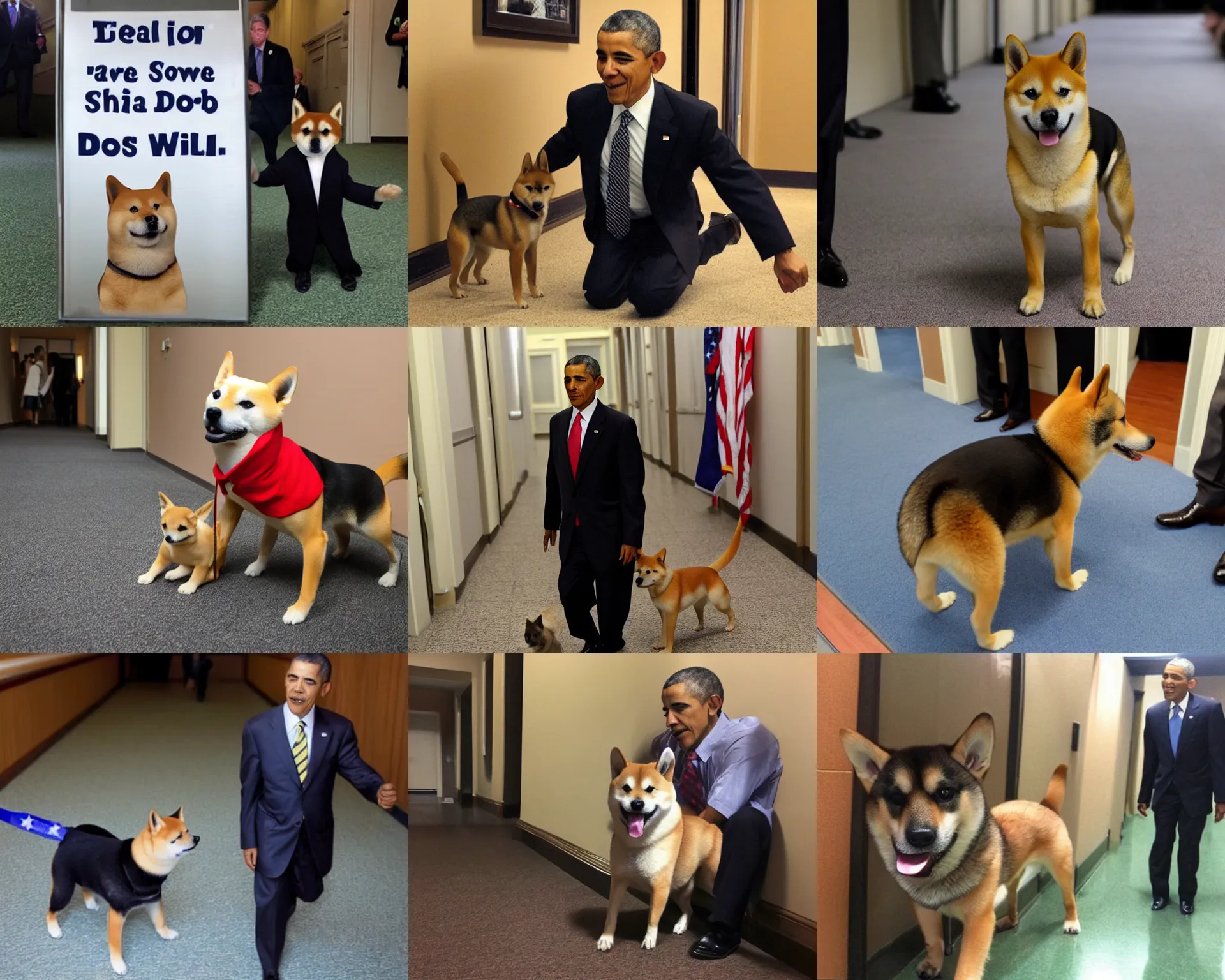 Prompt: a shiba dog as obama in the hallway.