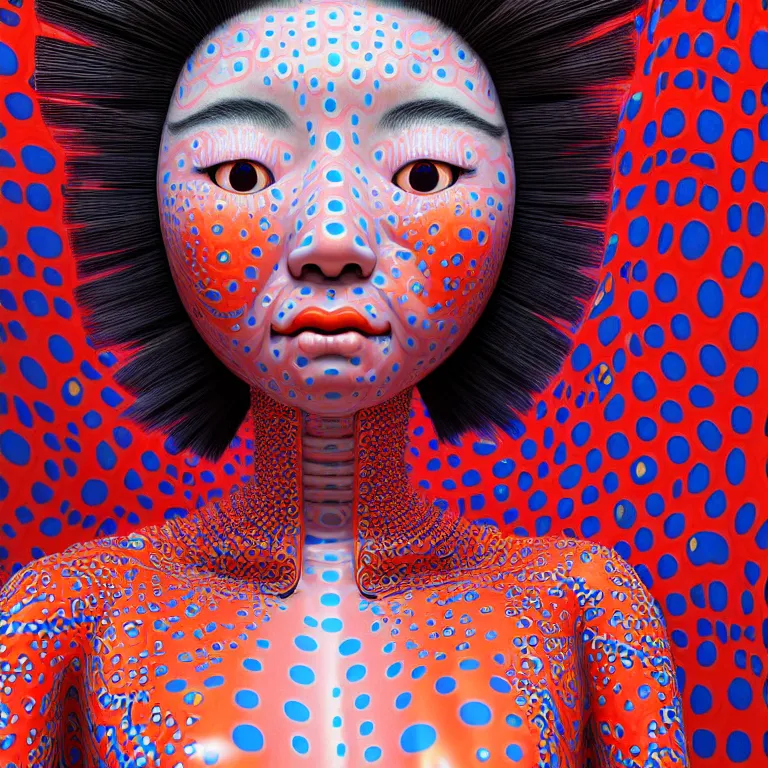 Image similar to realistic detailed image of a geisha in a padded room, 8 k conjuring psychedelic background, part by yayoi kusama, part by alex gray, part by ross tran, part by james jean, ultra realistic, highly detailed, life like face, detailed body, 8 k, octane render, trending on artstation, very cohesive, masterpiece