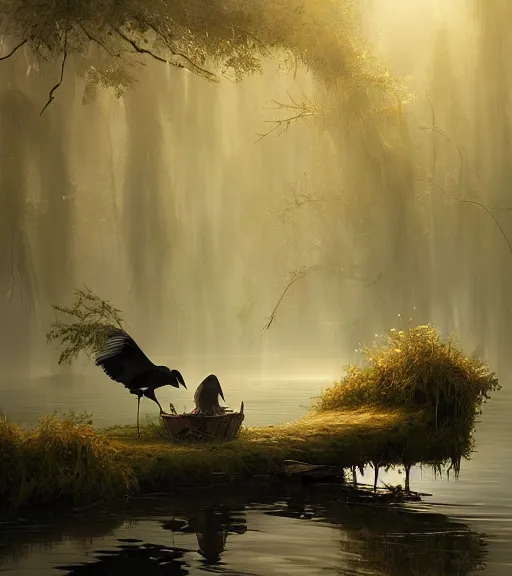 Image similar to three crows in a little boat in a swamp, volumetric lighting, majestic light, octane render, ethereal glare of the sun, hyperrealistic, epic, masterpiece, by greg rutkowski