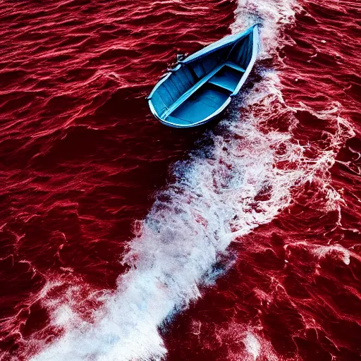 Prompt: a lonely boat swinging in the red ocean, top view, intense waves, depressing atmosphere, characterized by roman shipunov, etienne hebinger, atey ghailan, cgsociety, cynical realism, fantasy art, 2 d game art