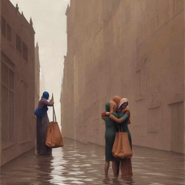 Image similar to two women hugging with a paper bag over the head, dressed in plastic bags, on flooded street of magnificent cathedral, highly detailed, artstation, art by , edward hopper, zdislav beksinski, wayne barlowe