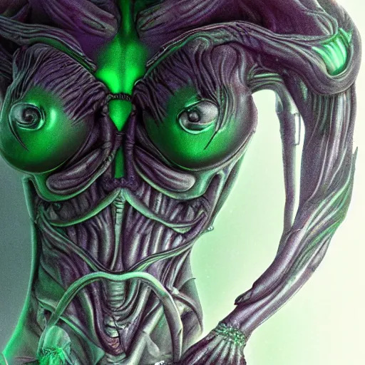 Image similar to xenomorph queen human hybrid, dragon eggs, dark emerald mist colors, giger void liminal backfill, realistic, award winning photograph, various refining methods, micro macro autofocus
