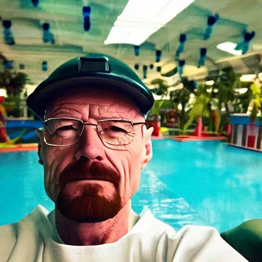 Prompt: walter white selfie at indoor water park with tropical plants