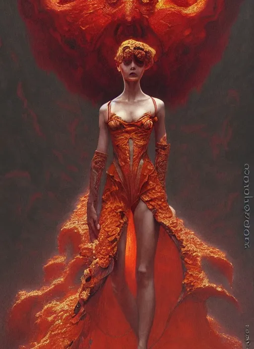 Prompt: Girl at a fashion show in hell, model a magnificent McQueen couture bright clothes, fashion style, horror, fire, lava, intricate, elegant, highly detailed, artstation, concept art, smooth, sharp focus, illustration, art by and greg rutkowski and orientalism and bouguereau and Zdzislaw Beksinski