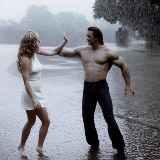 Prompt: portrait shot of young arnold schwarzenegger holding tight in love dancing in the rain with jennifer lawrence beautiful short dress, wet, 5 0 mm kodak, beautiful light, best lense 9 0 s romantic comedy, 4 k