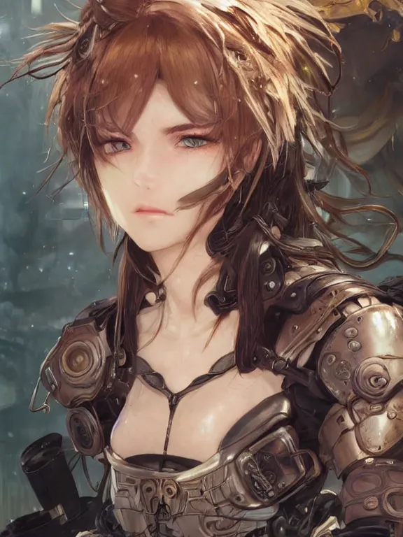 Image similar to close up picture of a uniformed berserker girl with technical devices looking at the camera, cynical, bored, beautiful and aesthetic, intricate, unreal engine, messy hair, highly detailed, detailed face, smooth, sharp focus, chiaroscuro, manga illustration, artgerm, greg rutkowski, alphonse mucha, young adult light novel cover art