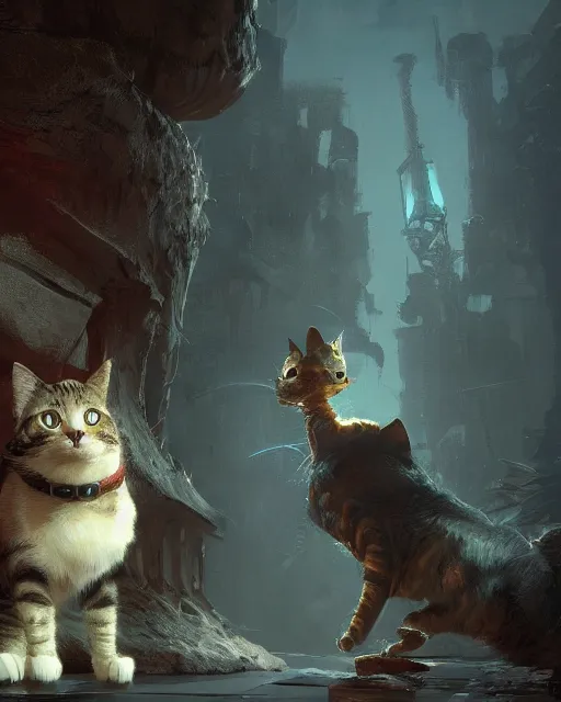 Image similar to a humanoid cat with a sword, Atmospheric beautiful by Eddie mendoza and Craig Mullins. volumetric lights volumetric lights, 8k, hd