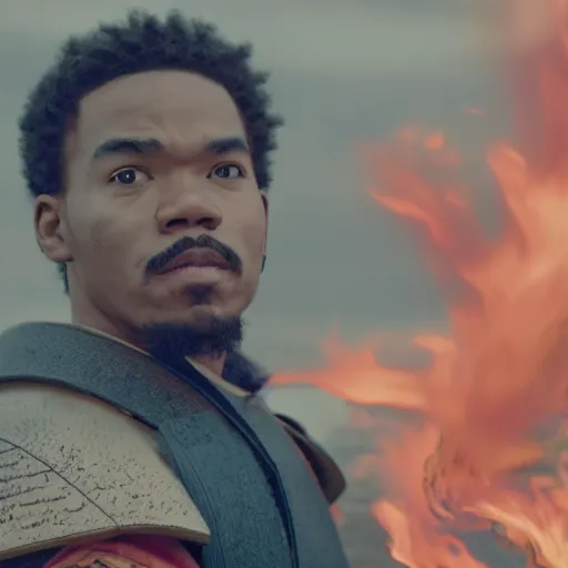 Image similar to cinematic film still of Chance The Rapper starring as a Samurai holding fire, Japanese CGI, VFX, 2022, 40mm lens, shallow depth of field, film photography