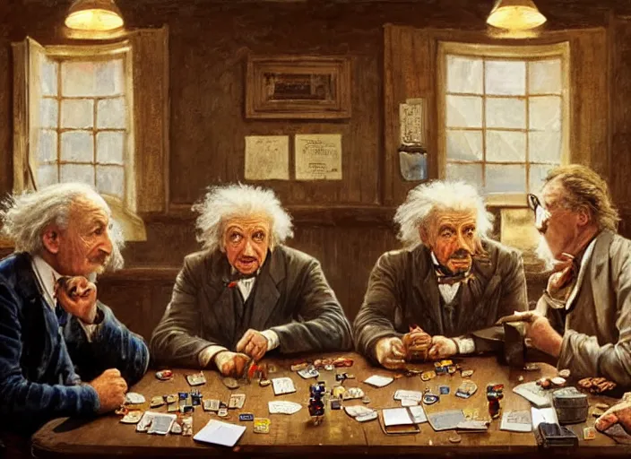 Image similar to albert einstein and isaac newton and stephen hawkins playing poker in an old west saloon, intricate, highly detailed, centered, digital painting, artstation, concept art, smooth, sharp focus, illustration, art by james gurney and norman rockwell and greg rutkowski