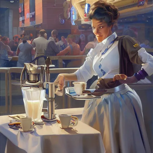 Prompt: a waitress serving coffee to an robot, digital painting, artstation, concept art, donato giancola, Joseph Christian Leyendecker, WLOP, Boris Vallejo, Breathtaking, 8k resolution, extremely detailed, beautiful, establishing shot, artistic, hyperrealistic, beautiful face, octane render, cinematic lighting, dramatic lighting, masterpiece