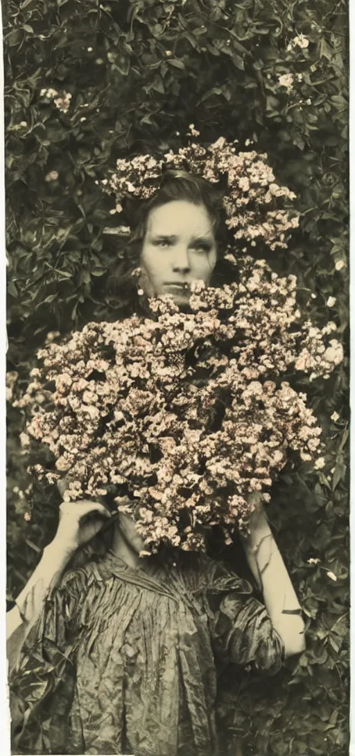 Image similar to portrait of a beautiful woman covered in flowers, Forest, ray gods, 1910 polaroid photography