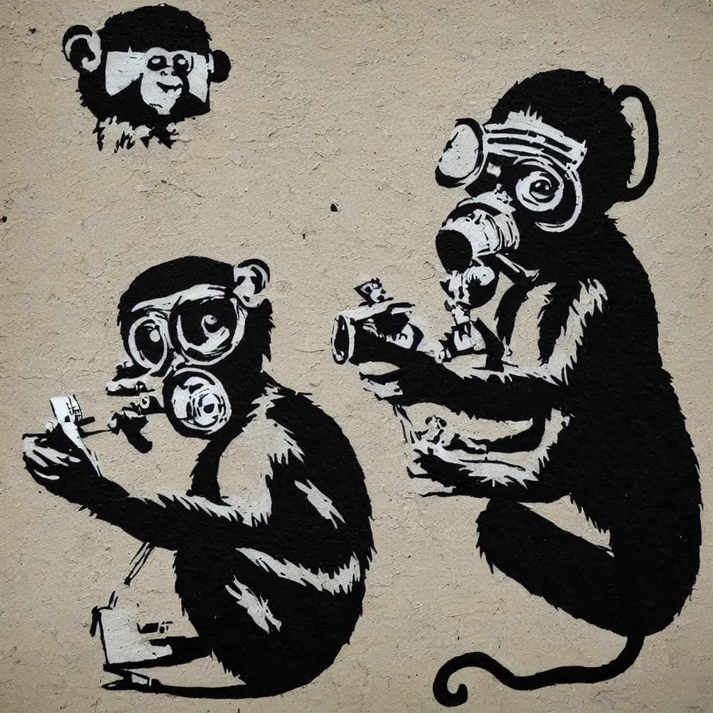 Image similar to Monkey reading a book, wearing a gas mask, graffiti, symbol, minimal, minimalism, edge to edge, solid color background intricate, highly detailed, smooth, sharp focus, detailed face, high contrast, art by banksy