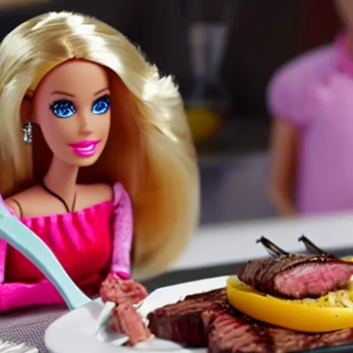 Prompt: barbie doll devouring a steak and making a mess while ken watches in horror, 4k, dramatic