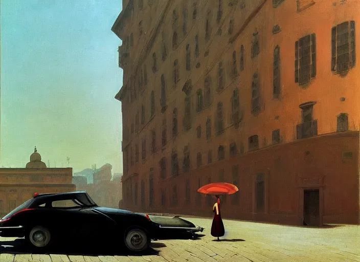 Prompt: A beauty woman with a black balloon stands at Citroën DS 19 in Rome , highly detailed, soft lighting, elegant, by Edward Hopper and James Gilleard, Zdzislaw Beksinski, Steven Outram, highly detailed