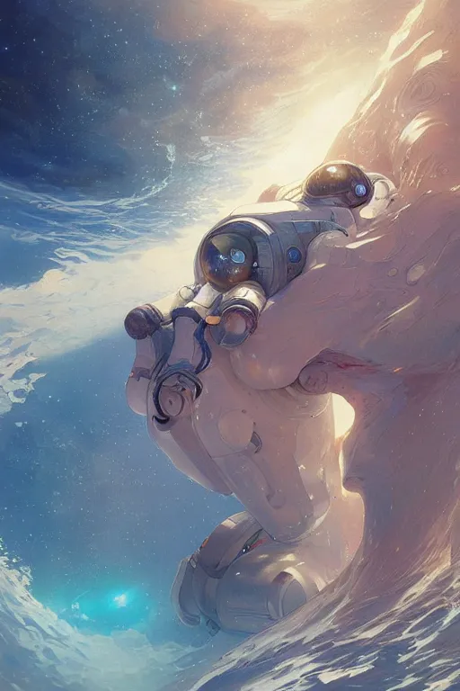 Image similar to Spaceman lost in the ocean, space themed, highly detailed, digital painting, artstation, concept art, smooth, sharp focus, illustration, art by artgerm and greg rutkowski and alphonse mucha