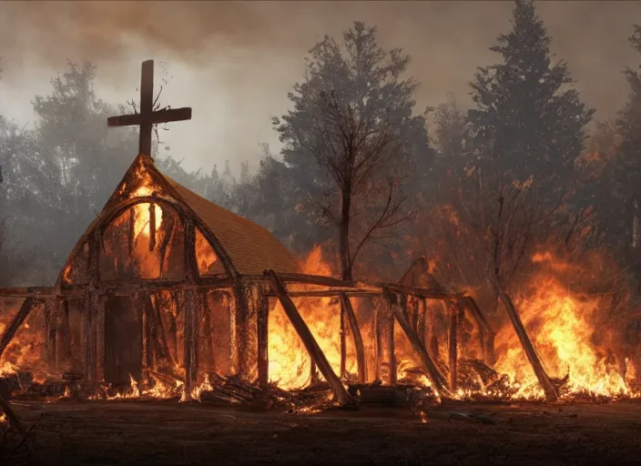 Image similar to a church is violently burning in the ruins of a native american village, burnt huts, bodies on the ground, jesus cross, horror, dramatic lighting, dawn, by caspar david friedrich, unreal engine 5