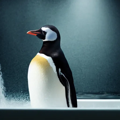 Prompt: Penguin bathing in a tub of money, bathroom, lots of money flowing, 4k, moody lighting