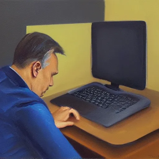 Image similar to viktor orban programming with a laptop in a cubicle, oil painting