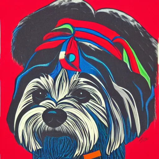 Prompt: tlingit haida lithograph, portrait of havanese dog, simplified forms, multiple colors, print by tristan - wolf reg davidson clifton guthrie maynard johnny jr.