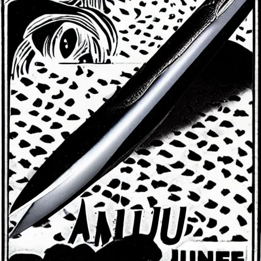 Prompt: a product photo ad of an ink pen knife by junji ito