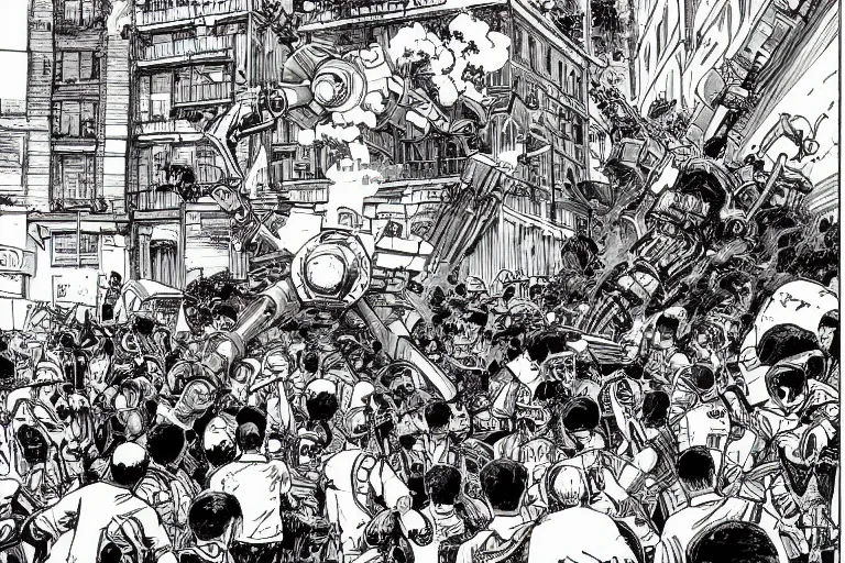 Prompt: riot in France between mecha robot and people by Geof Darrow, detailed realistic picture, photojournalism, tear gas fire cocktail molotov