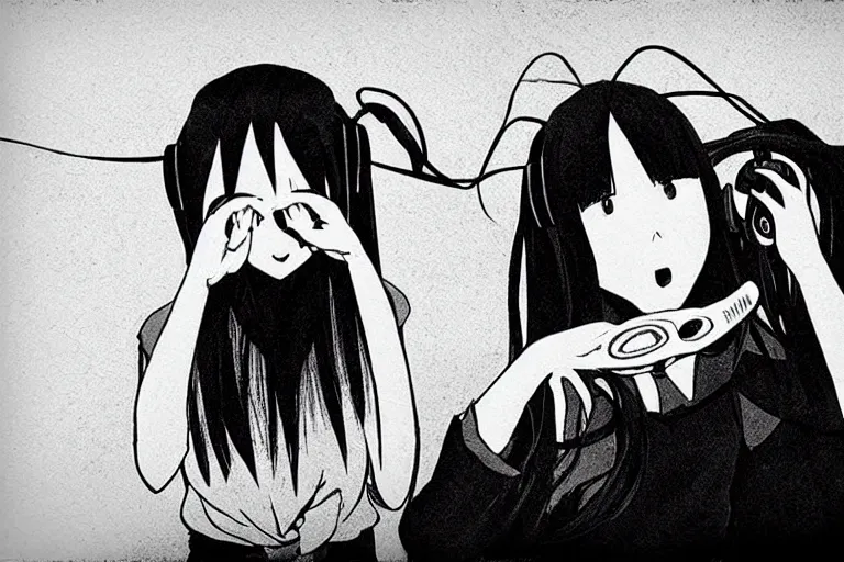 Prompt: Sadako from The Ring streaming on twitch with cat ear headphones, photograph, polaroid, black and white, grain filter