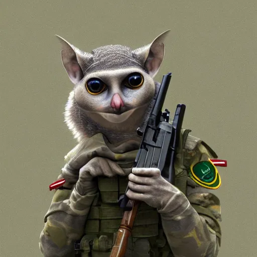 Prompt: Bushbaby with a rifle in its hands, Military, Combat, War, 4k, photorealistic