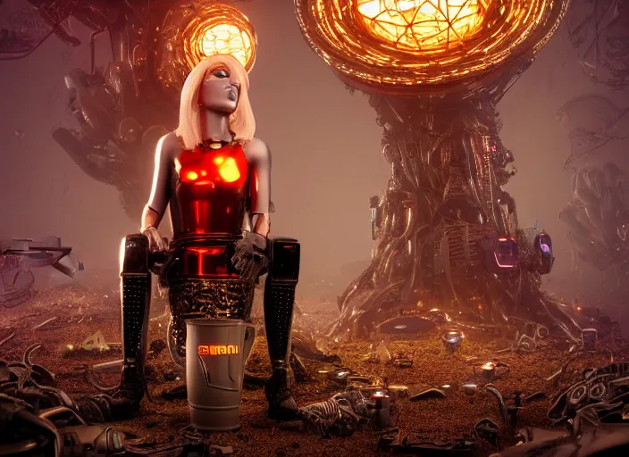 Image similar to photo of an intricate and sophisticated terminator woman with borg enhancements, blonde hair, metallic face plating with red lips, sitting on a giant mushroom in a weird magical mechanical forest and drinking a cup of tea. Very detailed 8k. Fantasy cyberpunk horror. Sharp. Unreal 5 render with nanite, global illumination and path tracing. Cinematic post-processing