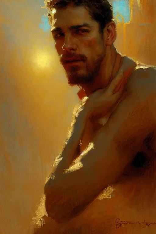 Prompt: Attractive man, painting by Gaston Bussiere, Craig Mullins