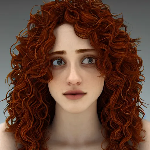 Prompt: curly ginger hair Emmy Rossum, realistic, photo studio, HDR, 8k, trending on artstation