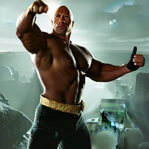Image similar to Dwayne the rock johnson controls the media from the shadows, zoom-out, hyper-realistic concept art, cool pose, award-winning