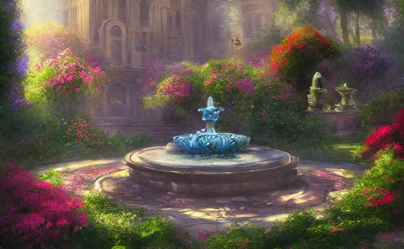 Prompt: Beautiful garden, next to a fountain and a mystical palace. By William-Adolphe Bouguerea, Jordan grimmer, fractal flame. Highly_detailded