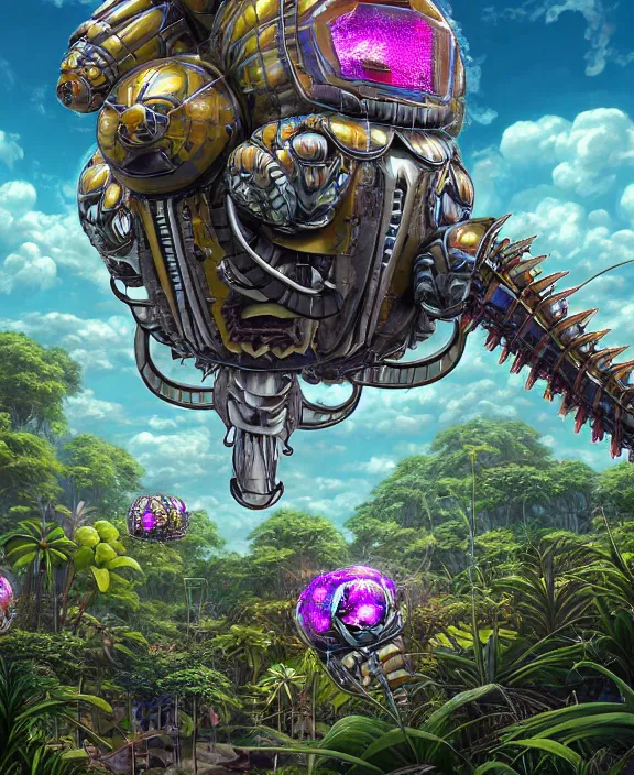 Image similar to an amusement park made out of seamless isopod dragonflies, in the style of a puffy robot, overgrown with orchids, partly cloudy, somber, dramatic lighting, by dan mumford, yusuke murata, makoto shinkai, ross tran, cinematic, unreal engine, cel shaded, featured on artstation, pixiv