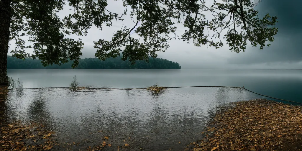 Image similar to a infinitely long rope zig - zagging across the surface of the water into the distance, rope floating submerged rope stretching out towards the center of the lake, a dark lake on a cloudy day, atmospheric, color film, trees in the background, hyper - detailed photo, anamorphic lens