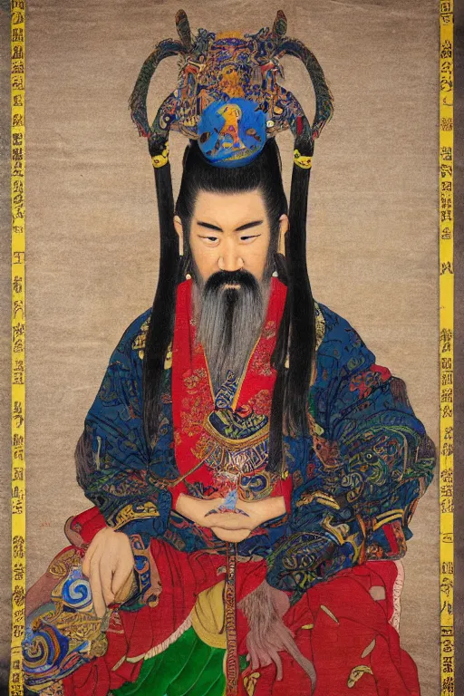 Image similar to A hyper realistic full body portrait of majestic guan yu sits and read a book, defined features, by gu kaizhi, wu daozi, 8k, HD, gigapixel, portrait art, symmetrical composition, realistic proportions, ink and colored pigments on silk, sharpness applied, hyperrealism