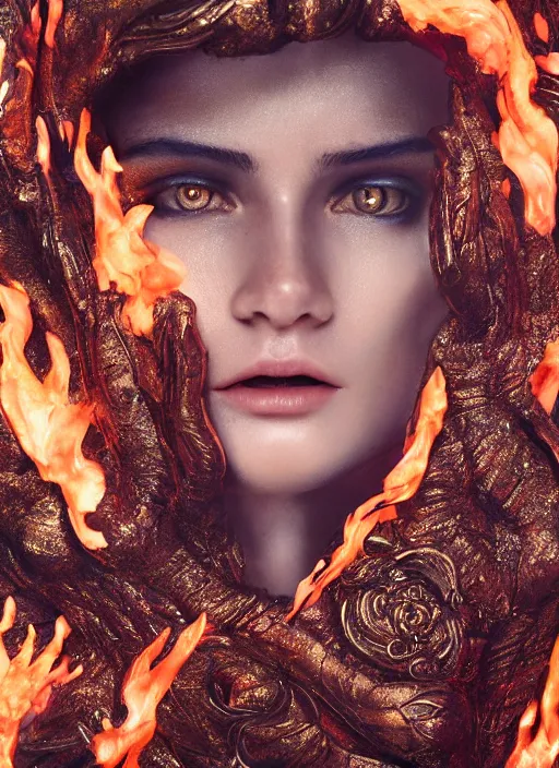 Image similar to sculpture made of flame, portrait, female, future, torch, fire, harper's bazaar, vogue, fashion magazine, intricate, concept art, close up, ornate, luxury, elite, elegant, trending on artstation, by ruan jia, by Kenneth Willardt, by ross tran, by WLOP, by Andrei Riabovitchev,