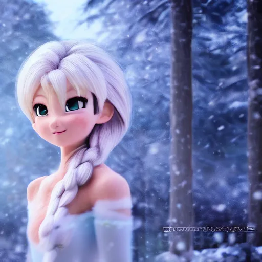 Image similar to portrait focus of super saiyan beautiful 3 d anime girl posing, frozen ice dark forest background, snowing, bokeh, inspired by masami kurumada, octane render, volumetric lighting