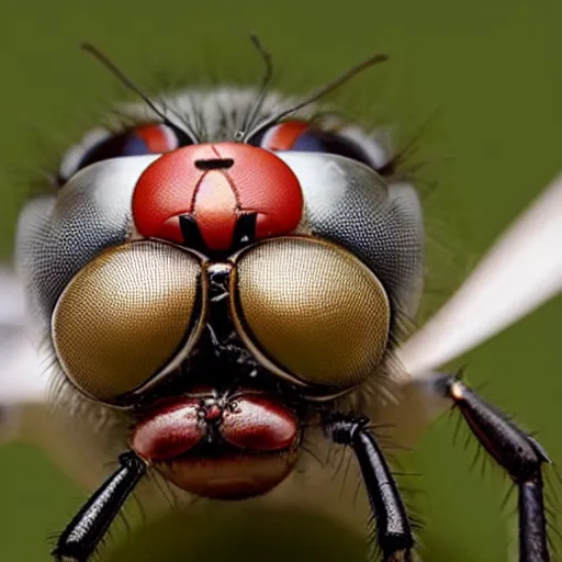 Image similar to a photograph of a fly with the head and face of donald trump