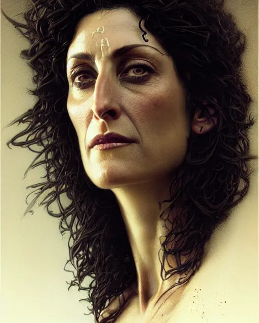 Image similar to lisa edelstein, thicc, character portrait, portrait, close up, concept art, intricate details, highly detailed by greg rutkowski, michael whelan and gustave dore