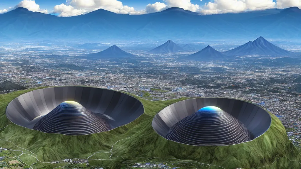 Image similar to Epic Giant Nuclear Reactor over the mountain valley of Quito, Ecuador; by Oswaldo Moncayo and Vincent Callebaut; Avatar Computer Graphics Cinema Style; 4K, 8K; ultimate landscape shot;